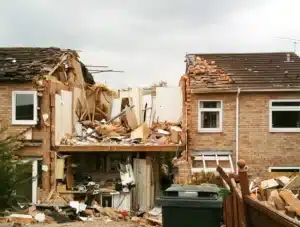 Home with upper level collapsed and debris scattered after a powerful explosion
