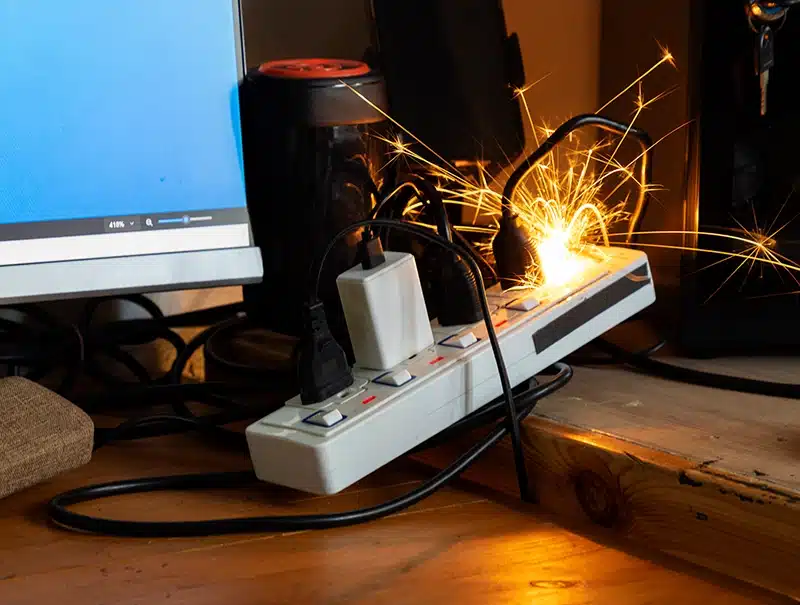 Electrical surge and sparking power strip caused by lightning strike