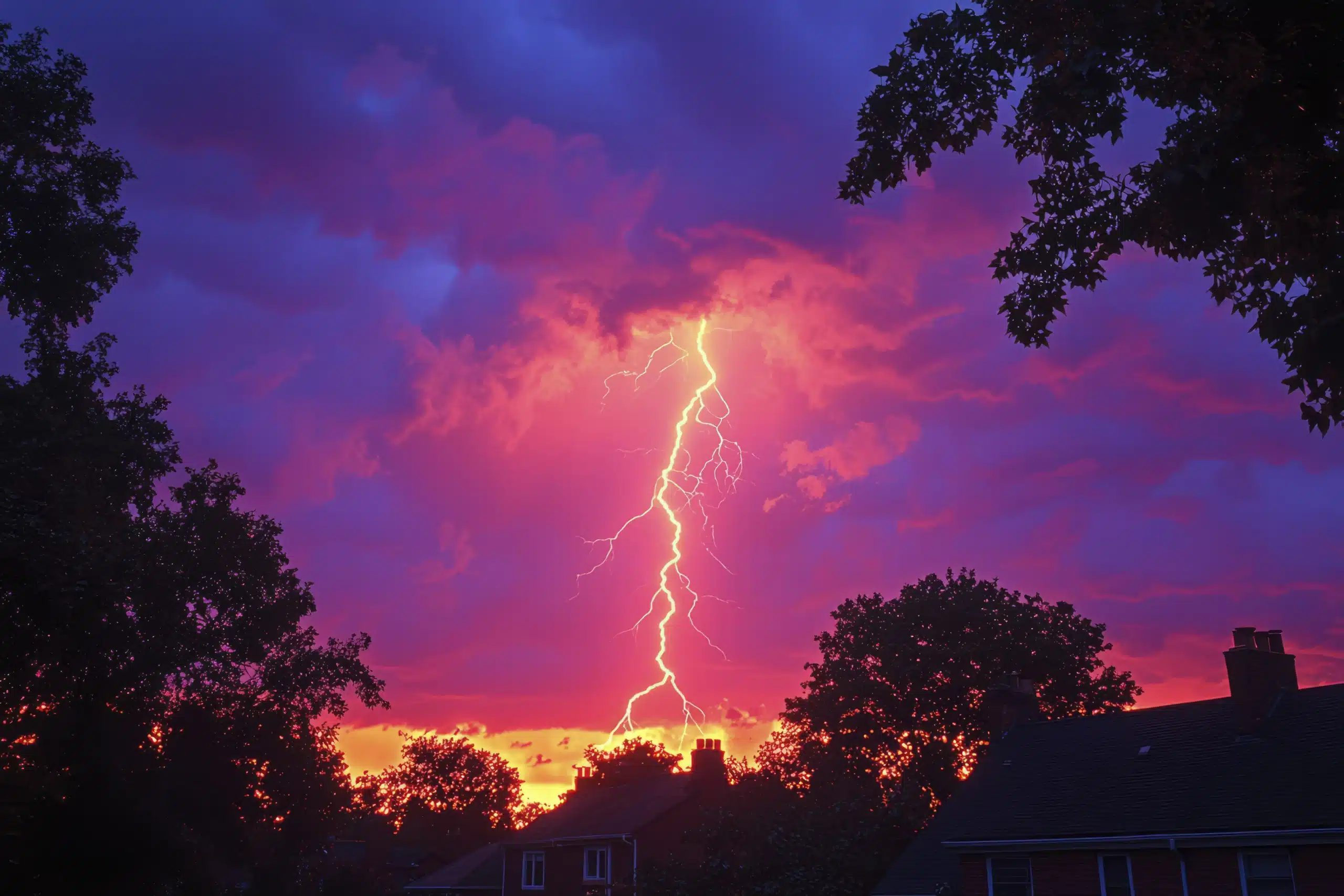 Bright lightning bolt striking through vivid red and purple storm clouds above a suburban neighborhood