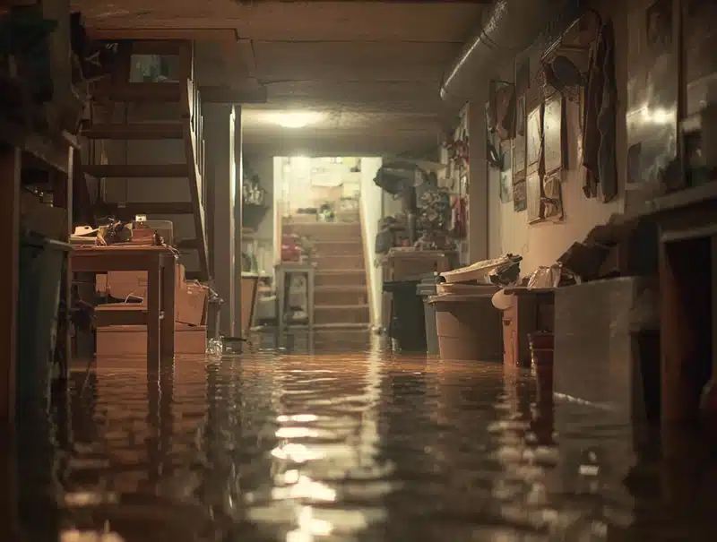 Flooded basement with standing water and damaged belongings in a Newtown home