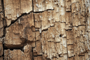 Close-up of wood damaged by termites or carpenter ants.