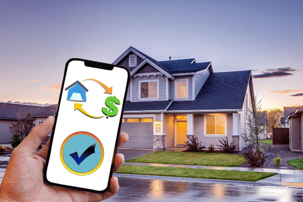 Hand holding a smartphone displaying home insurance and repair icons in front of a suburban house.