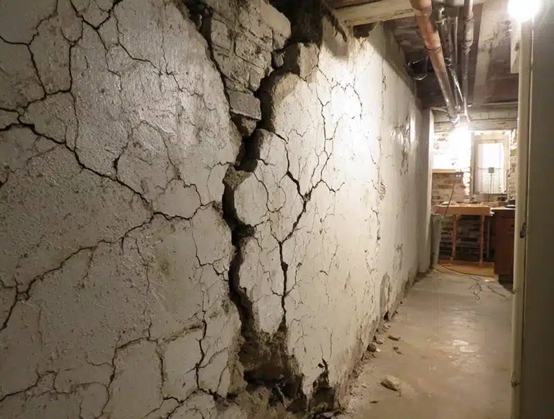 Cracked basement wall showing severe structural damage in a Connecticut home